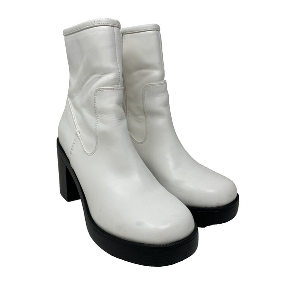 Urban Outfitters Women's Zip-Up‎ Block Heel White Mid-Calf Boots Size 9 Chunky - Picture 1 of 15